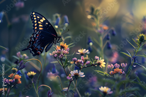 A black butterfly with yellow and red markings on its wings is perched on a pink flower. The butterfly is surrounded by green leaves and other flowers of various colors. The background is a soft, out photo