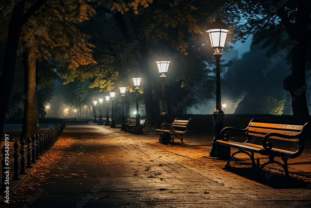 A park with a path lined with benches and street lights