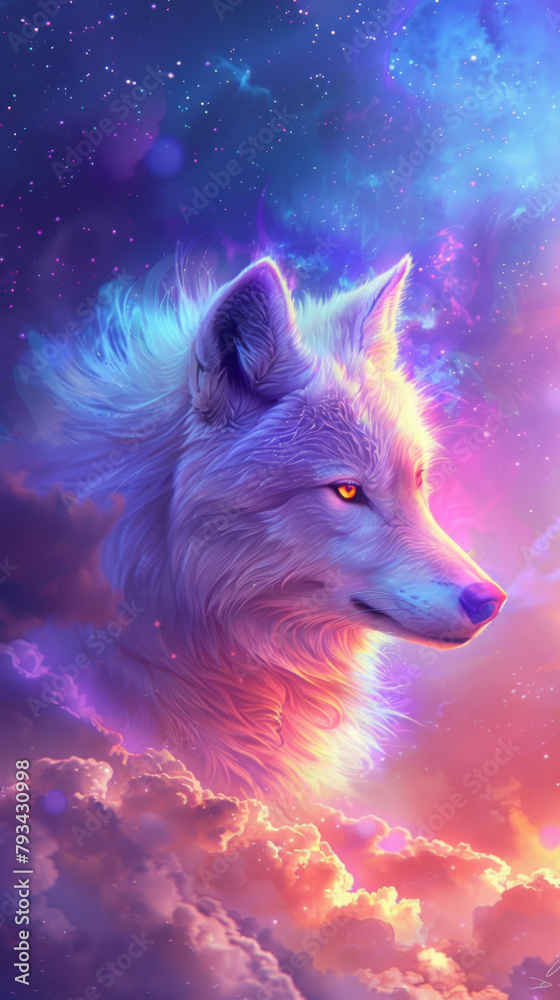 Cosmic wolf gaze in a vivid galaxy - Stunning cosmic wolf with an intense gaze set against a backdrop of a vivid galaxy and starry sky
