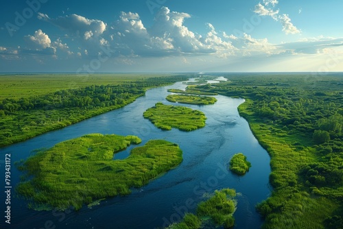 Breathtaking aerial view of a sinuous river - The serene beauty of a meandering river in a lush green landscape captured from an aerial perspective, highlighting the majestic power of nature