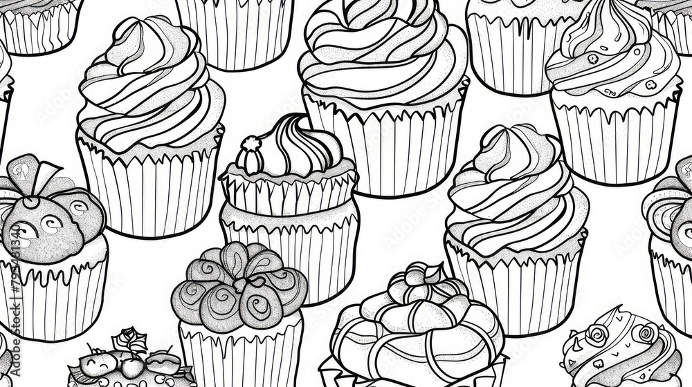coloring page featuring cute cupcakes full page pattern, outline doodle art style