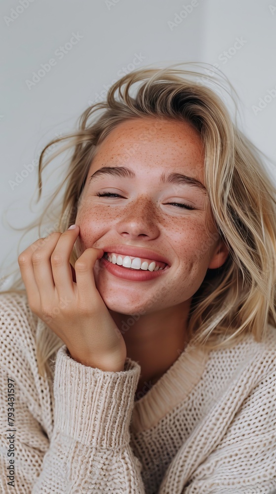 Happy young blonde lady laughing with freckles and comfortable knitwear Happy young blonde lady laughing with freckles and comfortable knitwear