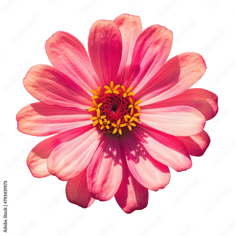 A radiant pink zinnia bloom basks in the sunlight s golden rays standing out elegantly against a transparent background in the garden