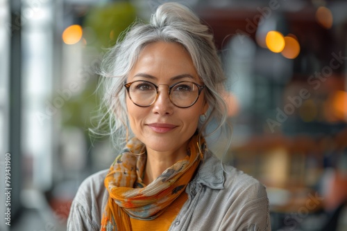 A fashionable woman wears glasses and a colorful scarf  offering a friendly  stylish look
