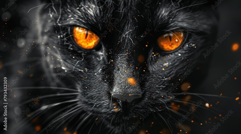 Close-up of a black cat with mystical bright orange eyes, surrounded by dark ambiance and dynamic orange particles