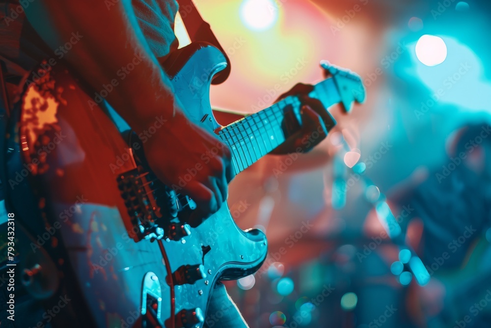 Fototapeta premium Sharp focus on a guitarist's hands expertly strumming the strings of a blue electric guitar, with stage lights in the background