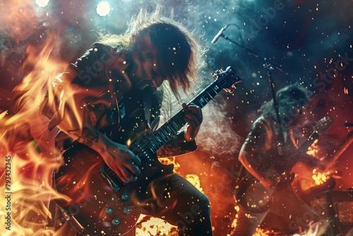 Passionate guitarist immersed in music, surrounded by intense flames and dynamic light effects on stage © Odin AI