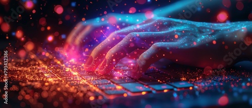 An image capturing human hands interacting with a glowing keyboard, signifying digital connectivity and technological advancement The picture portrays the convergence of human dexterity and digital i photo