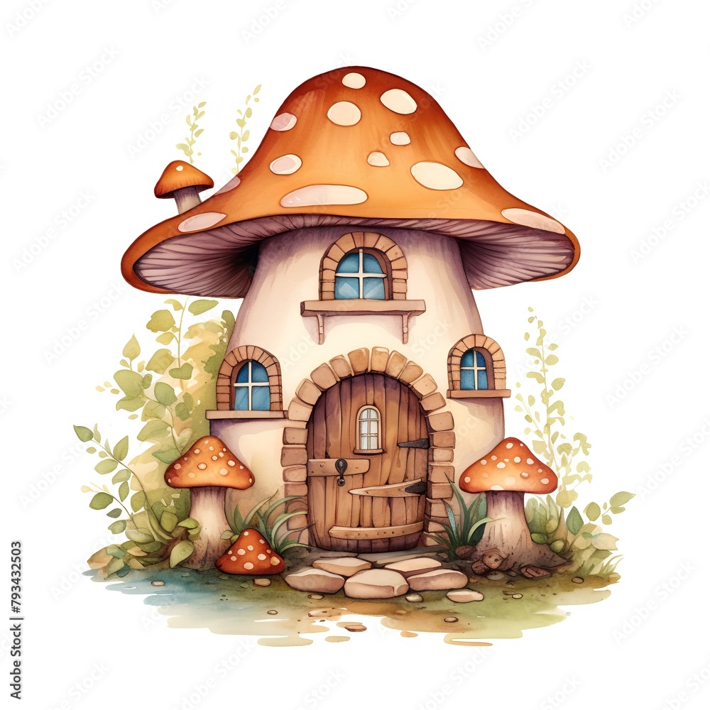 Watercolor illustration of a fairy tale house with mushrooms. Isolated on white background.