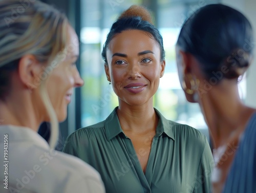 A businesswoman listens attentively in a corporate meeting with other colleagues in soft focus