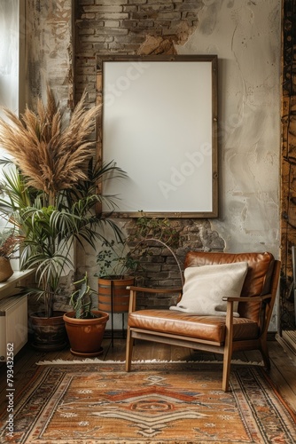 An inviting room featuring a vintage leather chair, framed empty canvas on an old brick wall surrounded by lush houseplants It's perfect for interior design themes © Odin AI