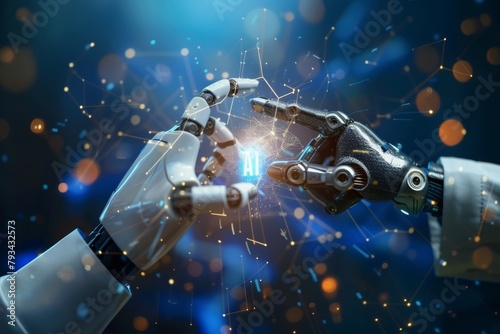 An artistic representation of human and robot hands almost touching with an AI symbol, symbolizing the synergy between humanity and technology