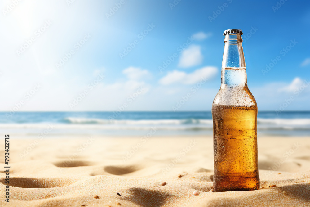 A bottle of beer is sitting on the sand at the beach A bottle of beer is sitting on the sand at the beach