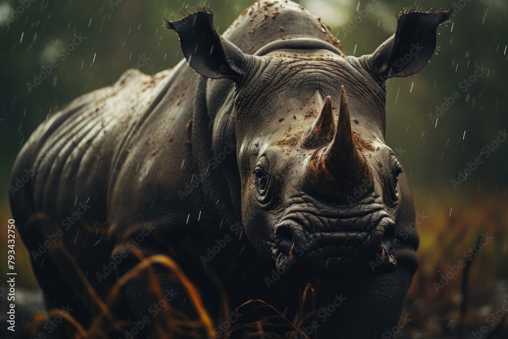 Rinocerontes en ป่าใหญ่ ท่ามกลางฝนตกลงมา Rinocerontes en ป่าใหญ่ ท่ามกลางฝนตกลงมา