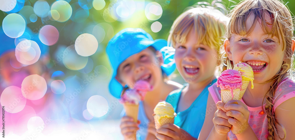 happy children eating ice cream, colorful background