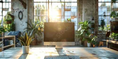 An inviting home office setup with warm sunlight, personal touches, and a computer on a wooden desk photo