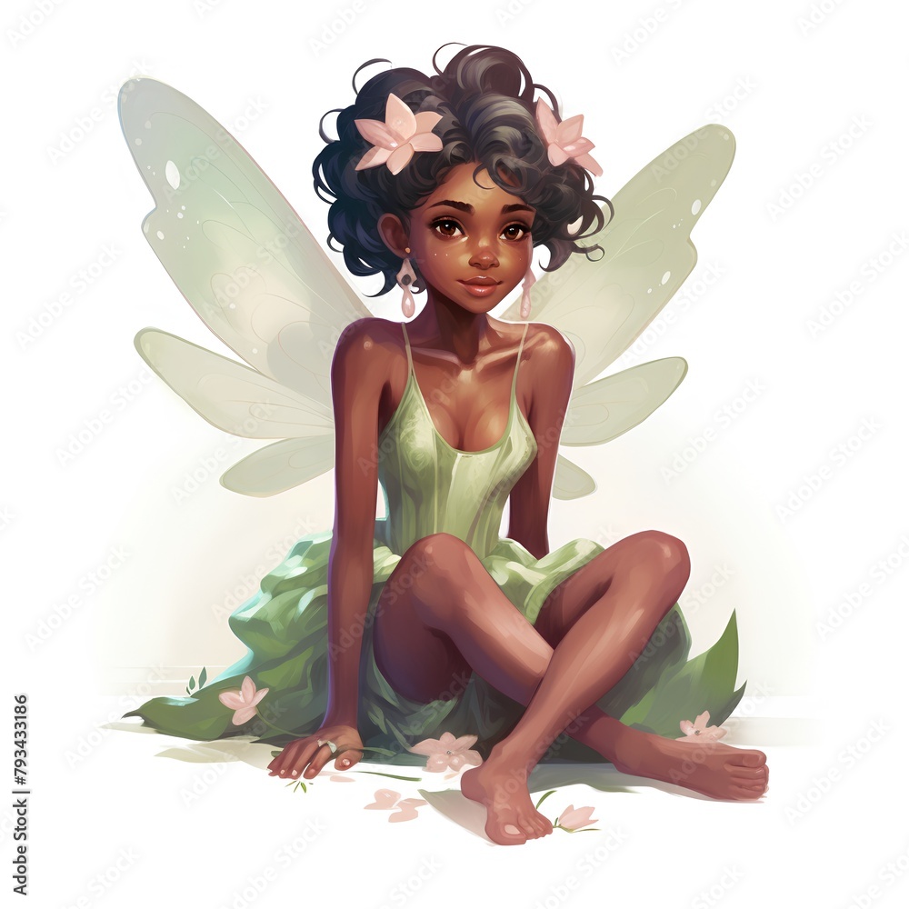 Beautiful dark skinned fairy sitting on the floor. Vector illustration. Beautiful dark skinned fairy sitting on the floor. Vector illustration.