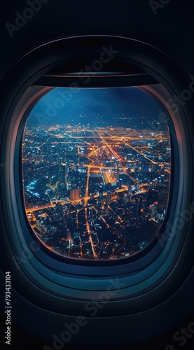 view of an urban cityscape at night with glowing lights from the airplane window