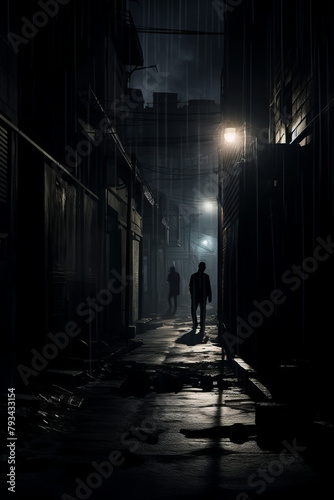 A man walks down a dark alleyway with a woman in the background