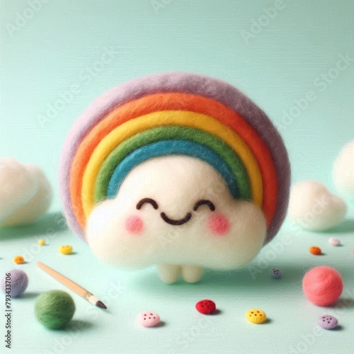 Colorful crocheted characters with a rainbow