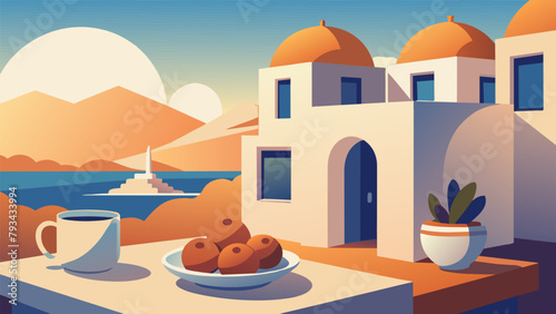 A charming illustration of a quaint Greek taverna with plates of loukoumades served alongside steaming cups of coffee. These fluffy little photo