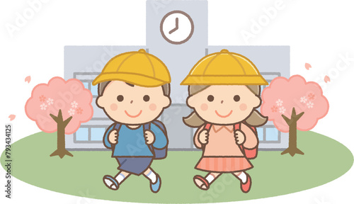 新一年生と桜が咲いている学校