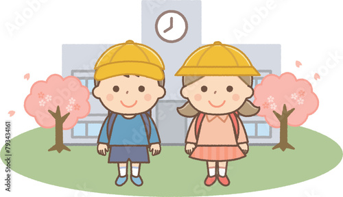 新一年生と桜が咲いている学校２