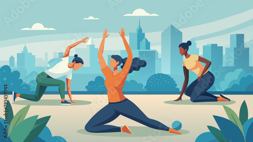 In a bustling city park a group of office workers enjoy a lunchtime stretching session led by their energetic trainer. As they perform a