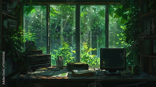 Jungle Desk Scene: Lofi Anime Manga Style, Messy Desk, Colorful Study, Cozy Chill Vibes