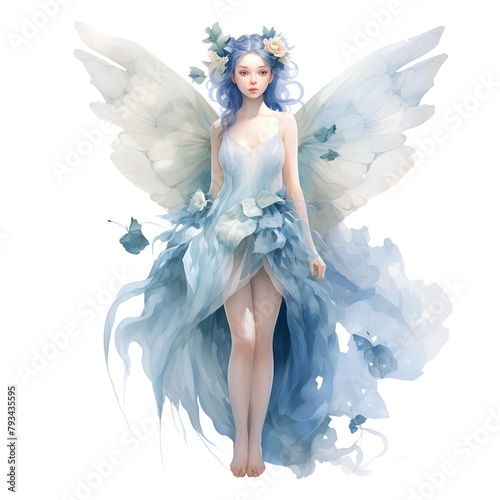 3D digital render of a beautiful fairy with blue wings isolated on white background