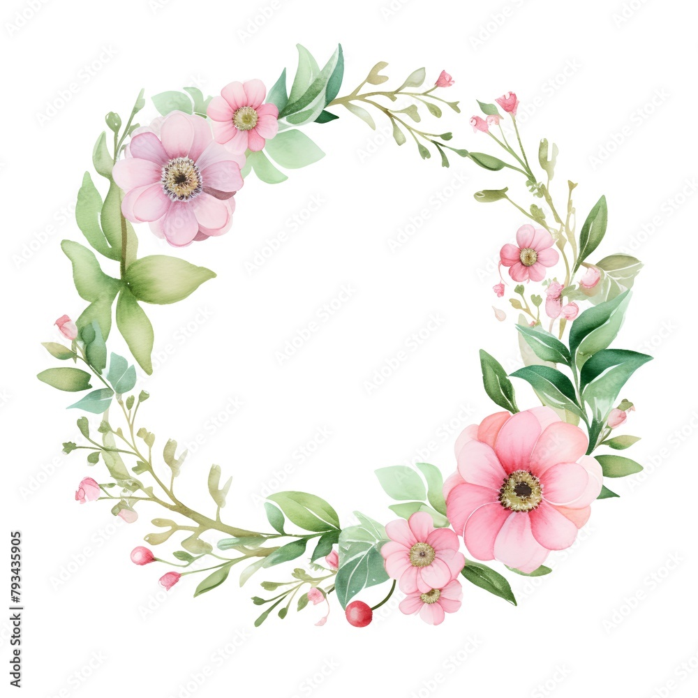 Watercolor floral wreath with pink anemones, green leaves and berries. Hand painted illustration isolated on white background