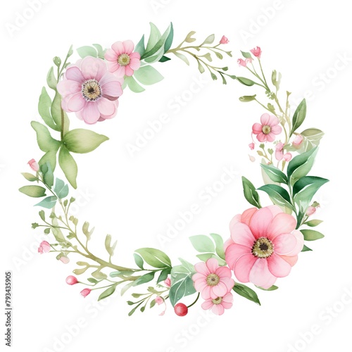 Watercolor floral wreath with pink anemones, green leaves and berries. Hand painted illustration isolated on white background