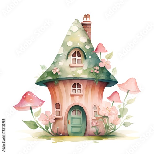 Watercolor illustration of a fairy house with flowers and mushrooms isolated on white background photo