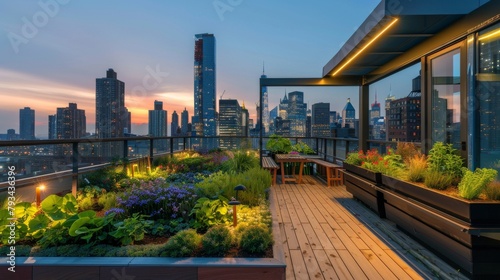 A rooftop garden with a view of the city.