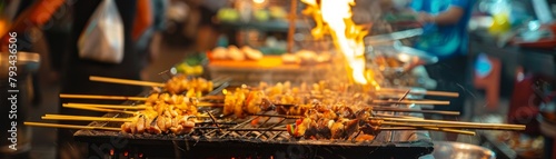 A street food vendor is grilling squid on a busy street in Bangkok, Thailand.
