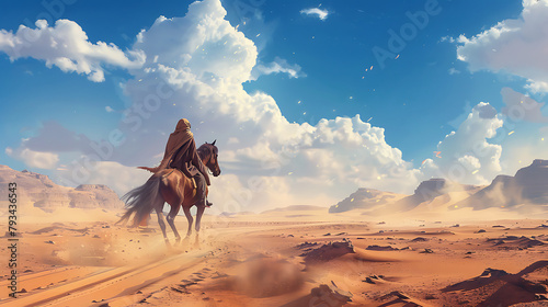 picture a man ride horse in desert