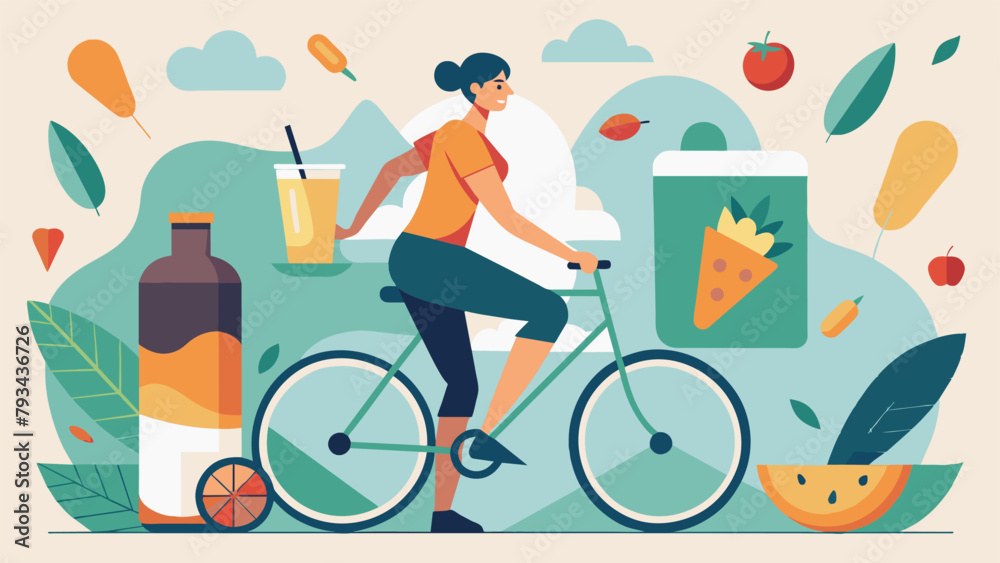 A collage made up of out images featuring a person on a bicycle with a colorful smoothie in hand surrounded by images of different exercises and