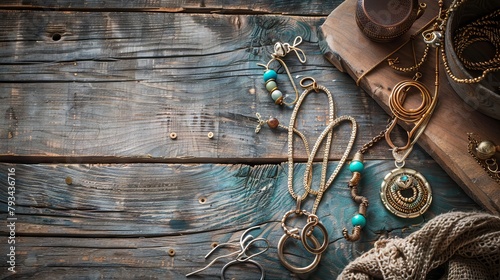 A wooden table with a collection of antique gold and turquoise jewelry. photo