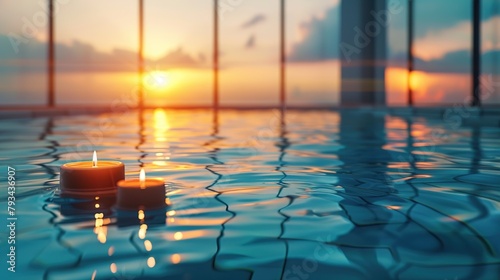 A lit candle sits on the edge of an infinity pool, with the sun setting over the water. photo