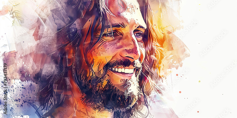 Friend: The Warm Smile and Comforting Presence - Picture Jesus with a warm smile and a comforting presence, illustrating his role as a friend to all.  - obrazy, fototapety, plakaty 
