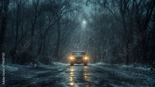 Car driving on the road in winter forest at night.