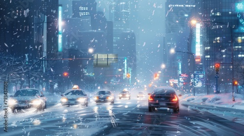 a snow covered urban city road with traffic lights on street with cars while snow fall at night © DailyLifeImages