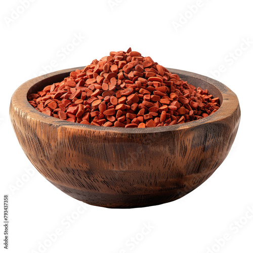 An eye catching image featuring annatto organic seeds presented in a rustic wooden bowl sourced from the Bixa Orellana tree and set against a clean transparent background photo
