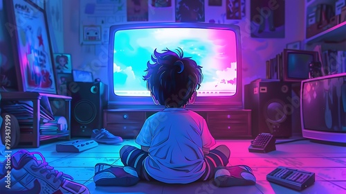Retro Anime Session: Nighttime TV Viewing in 90's Room, Pastel Colors, Cozy Atmosphere