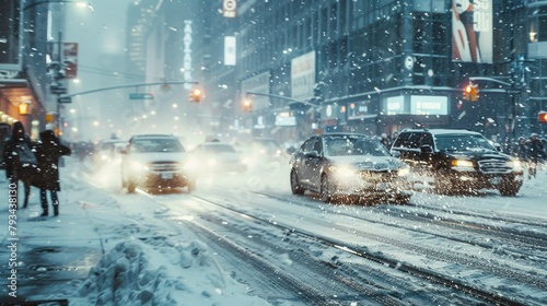 a snow covered urban city road with traffic lights on street with cars while snow fall at night