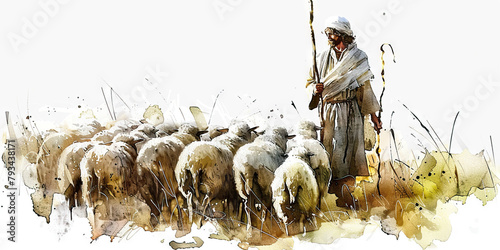 Shepherd: The Flock of Sheep and Protective Staff - Visualize Jesus with a flock of sheep and a protective staff, illustrating his role as a shepherd.