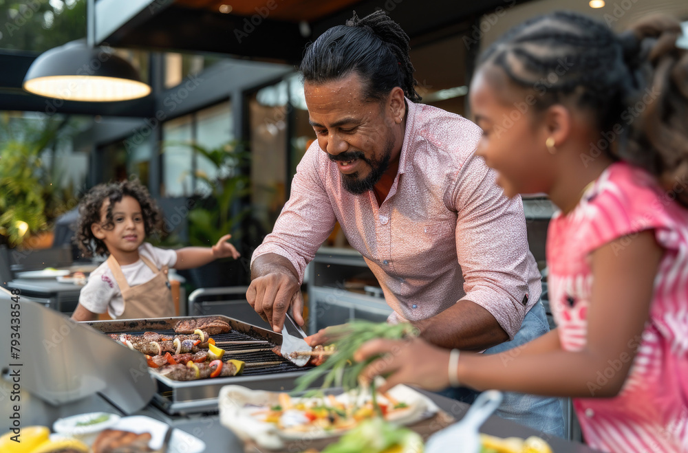 A happy father in his late thirties with black hair and beard, wearing a pink shirt is grilling on an electric grill outside at a family gathering