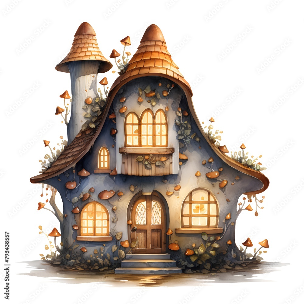 Halloween witch house isolated on white background. Watercolor illustration.