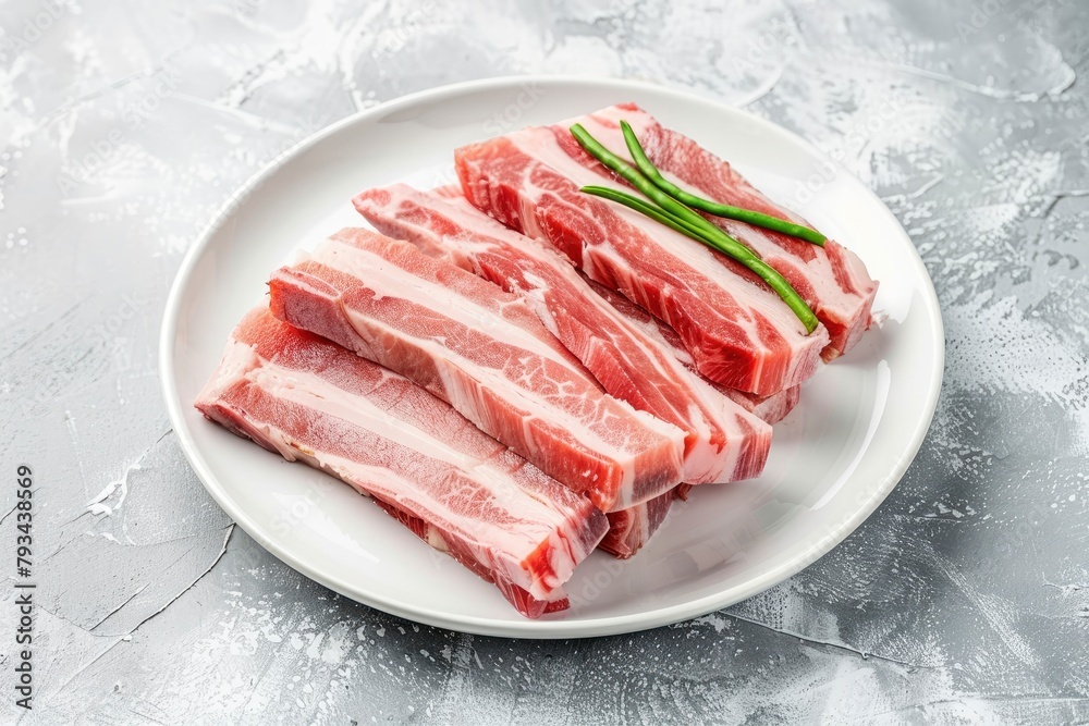 Sliced belly pork for shabu or Japanese hot pot in white plate on grey background - generative ai Sliced belly pork for shabu or Japanese hot pot in white plate on grey background - generative ai