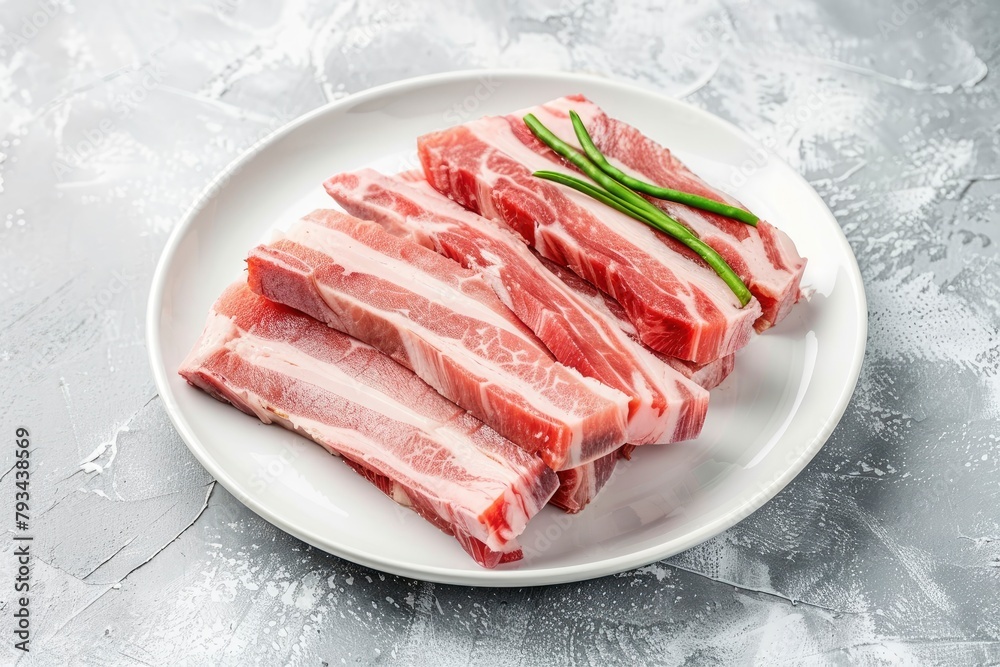 Sliced belly pork for shabu or Japanese hot pot in white plate on grey background - generative ai